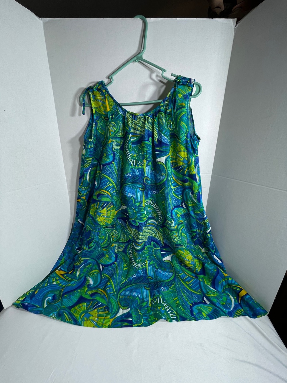VTG Sleeveless Island Mumu Dress Handmade Floral Green Teal Pit 22" L38" See Pic